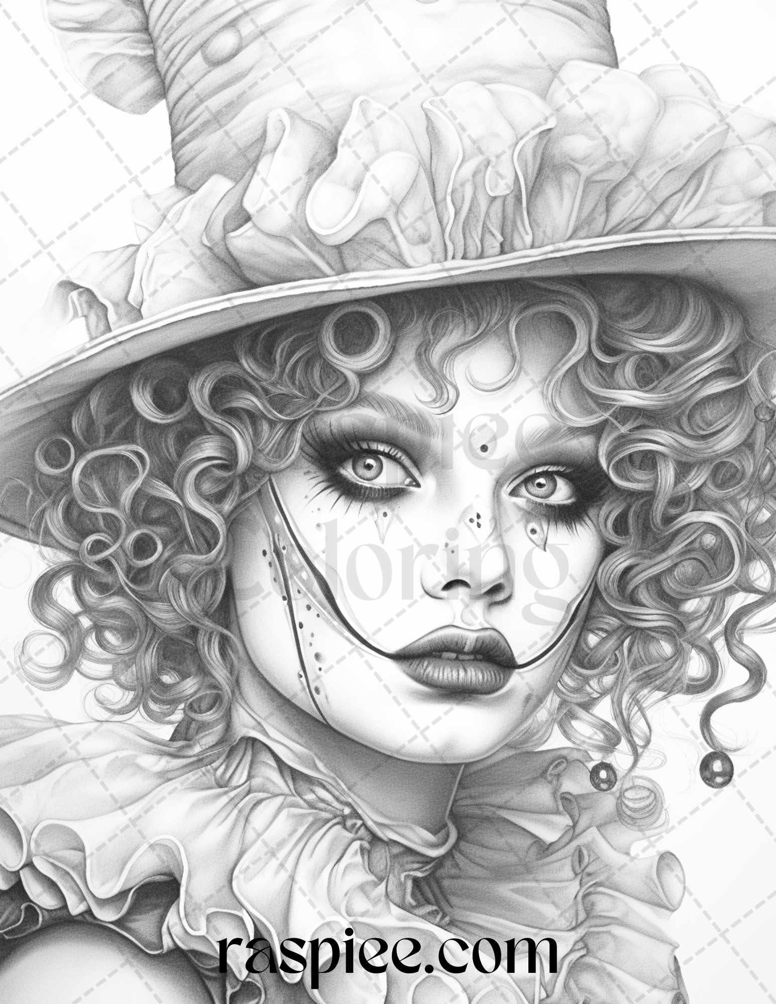 42 Beautiful Clown Girls Grayscale Coloring Pages Printable for Adults, PDF File Instant Download