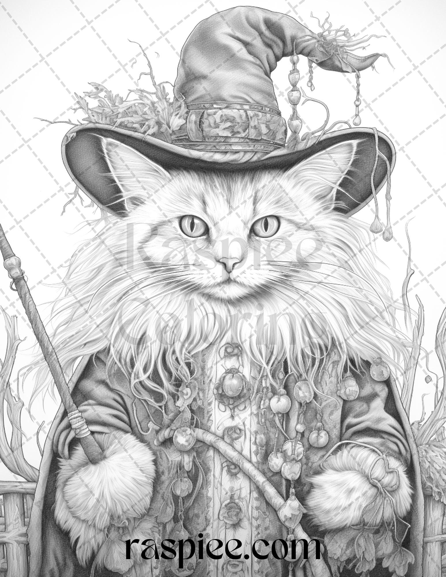 40 Halloween Witch Cat Grayscale Coloring Pages Printable for Adults, PDF File Instant Download