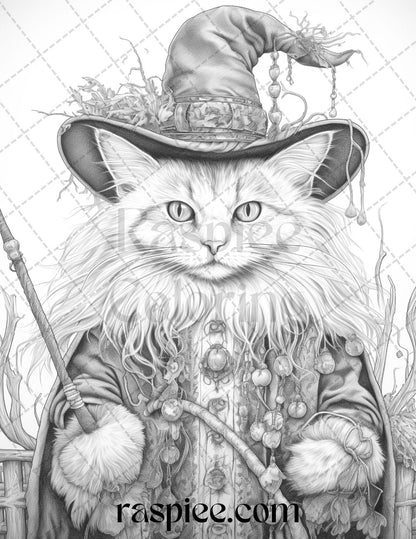 40 Halloween Witch Cat Grayscale Coloring Pages Printable for Adults, PDF File Instant Download