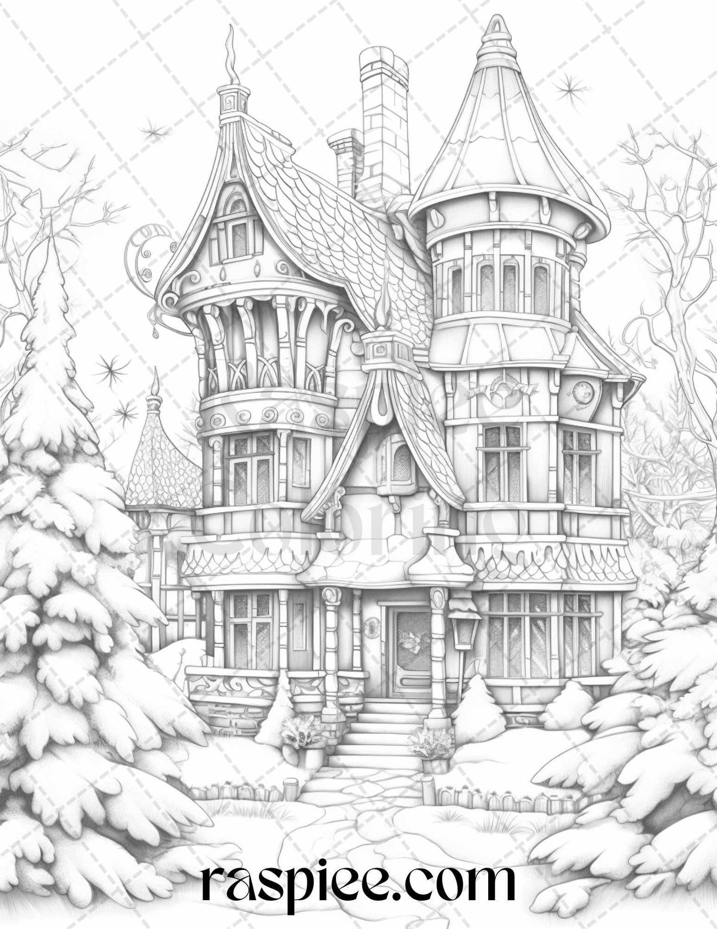 42 Fantasy Christmas Houses Grayscale Coloring Pages Printable for Adults, PDF File Instant Download