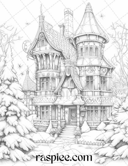 42 Fantasy Christmas Houses Grayscale Coloring Pages Printable for Adults, PDF File Instant Download