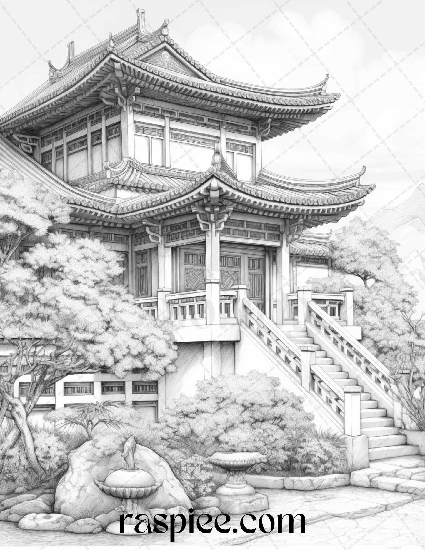 40 Traditional Chinese Houses Grayscale Coloring Pages Printable for Adults, PDF File Instant Download