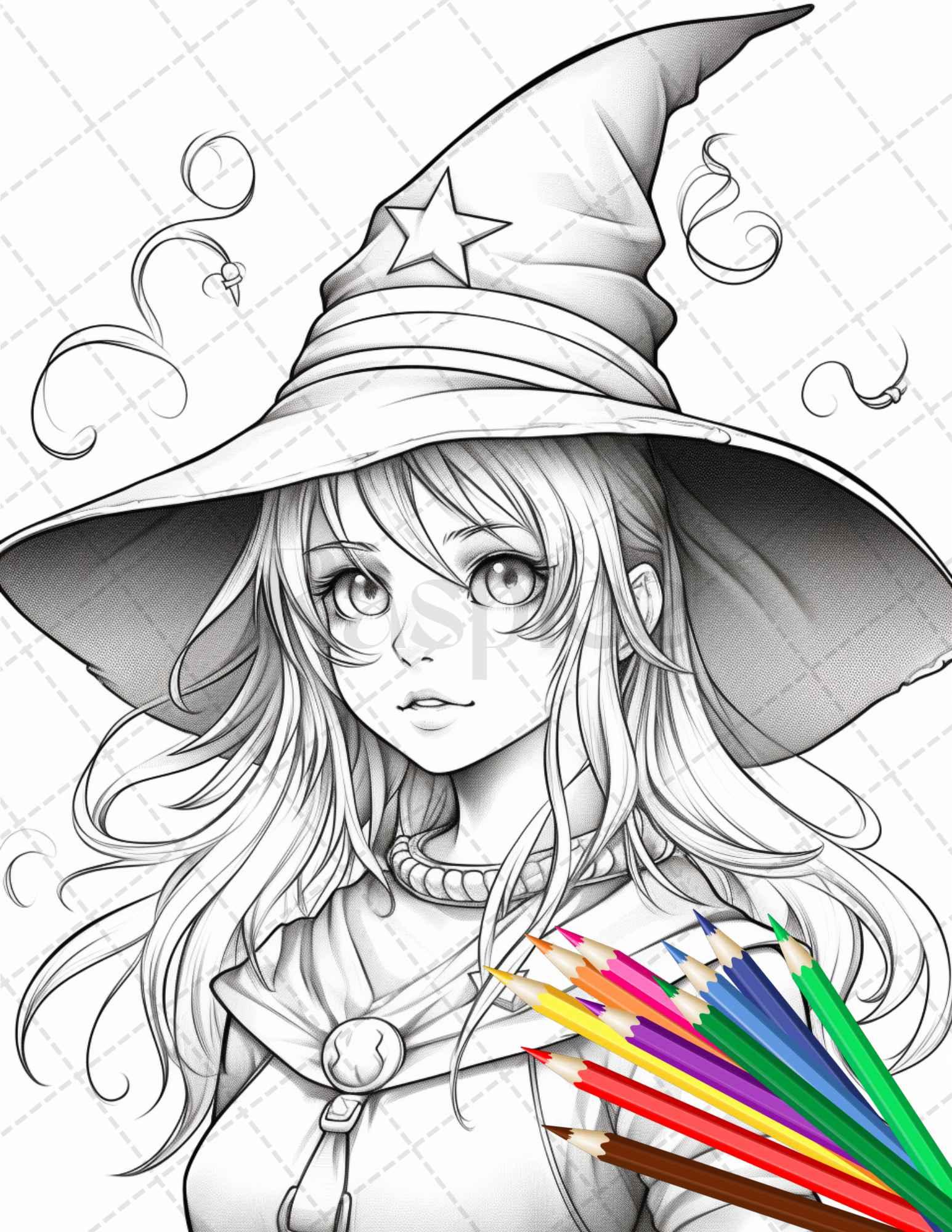 40 Cute Witches Coloring Pages Printable for Adults, Grayscale Coloring Page, PDF File Instant Download