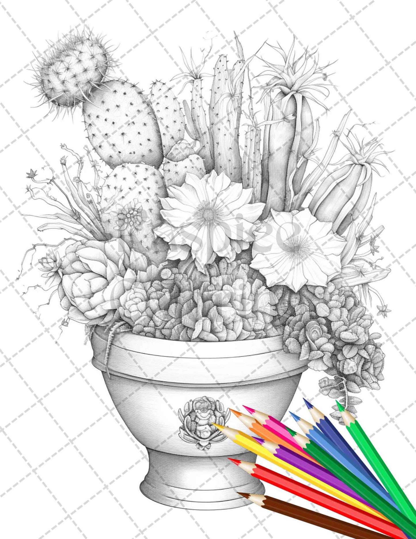 40 Charming Cactus Pots Grayscale Coloring Pages Printable for Adults, PDF File Instant Download