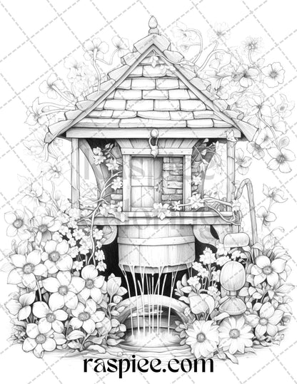 40 Whimsical Wishing Wells Grayscale Coloring Pages Printable for Adults, PDF File Instant Download