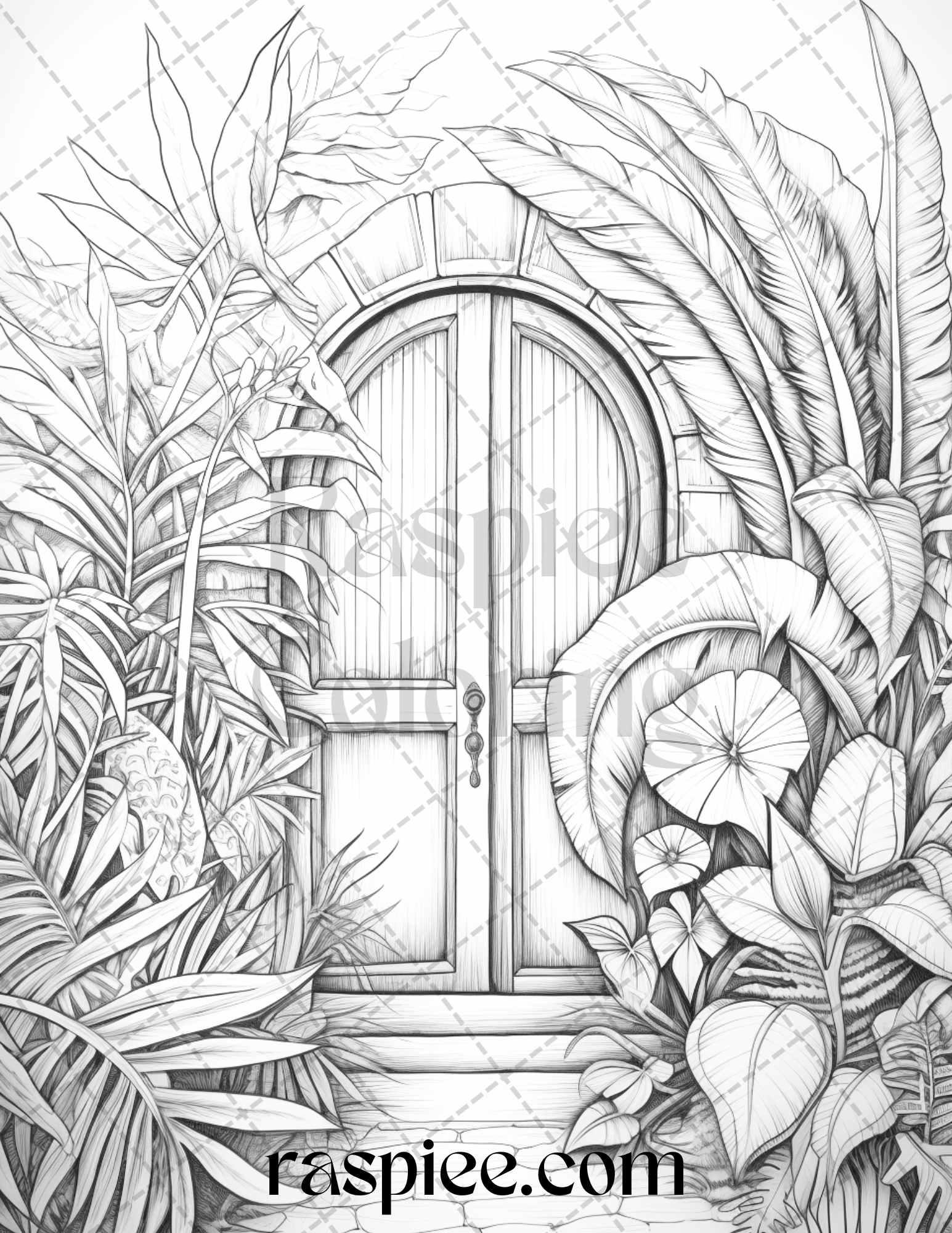 40 Flower Fairy Doors Grayscale Coloring Pages Printable for Adults, PDF File Instant Download