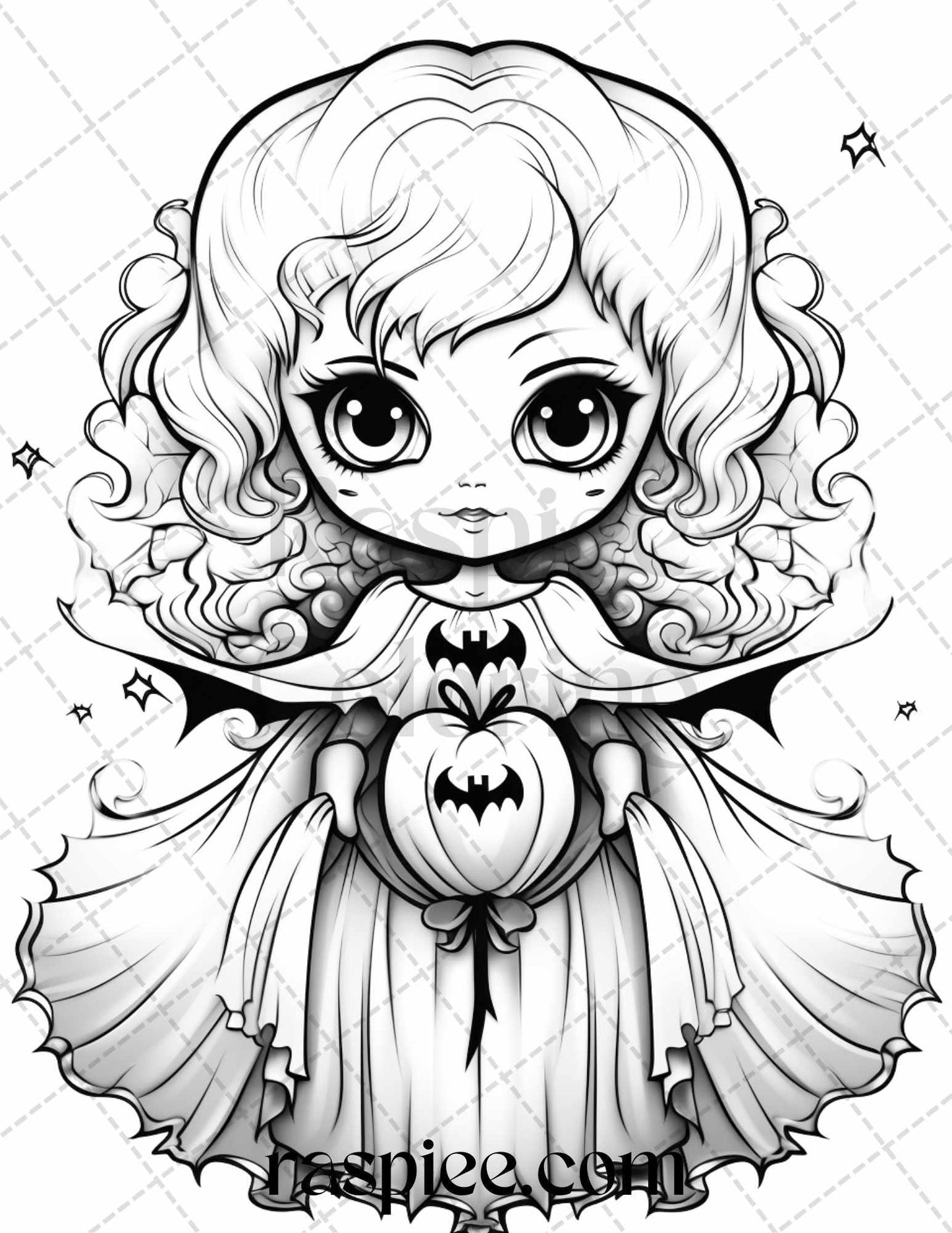 40 Halloween Creepy Kawaii Grayscale Coloring Pages for Adults and Kids, Printable PDF File Instant Download