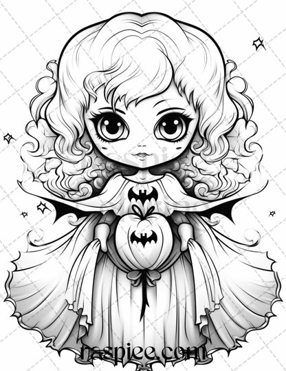 40 Halloween Creepy Kawaii Grayscale Coloring Pages for Adults and Kids, Printable PDF File Instant Download