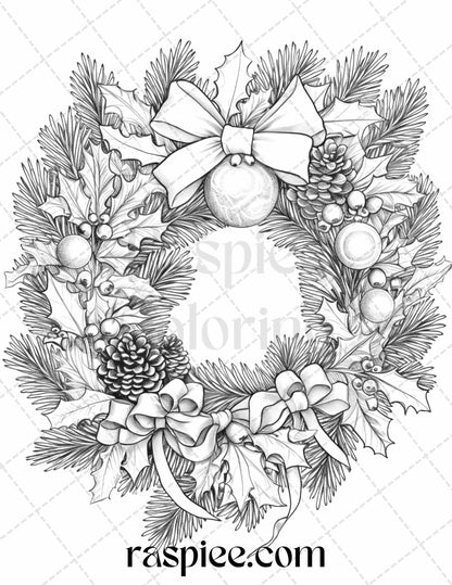 40 Christmas Wreath Grayscale Coloring Pages Printable for Adults, PDF File Instant Download