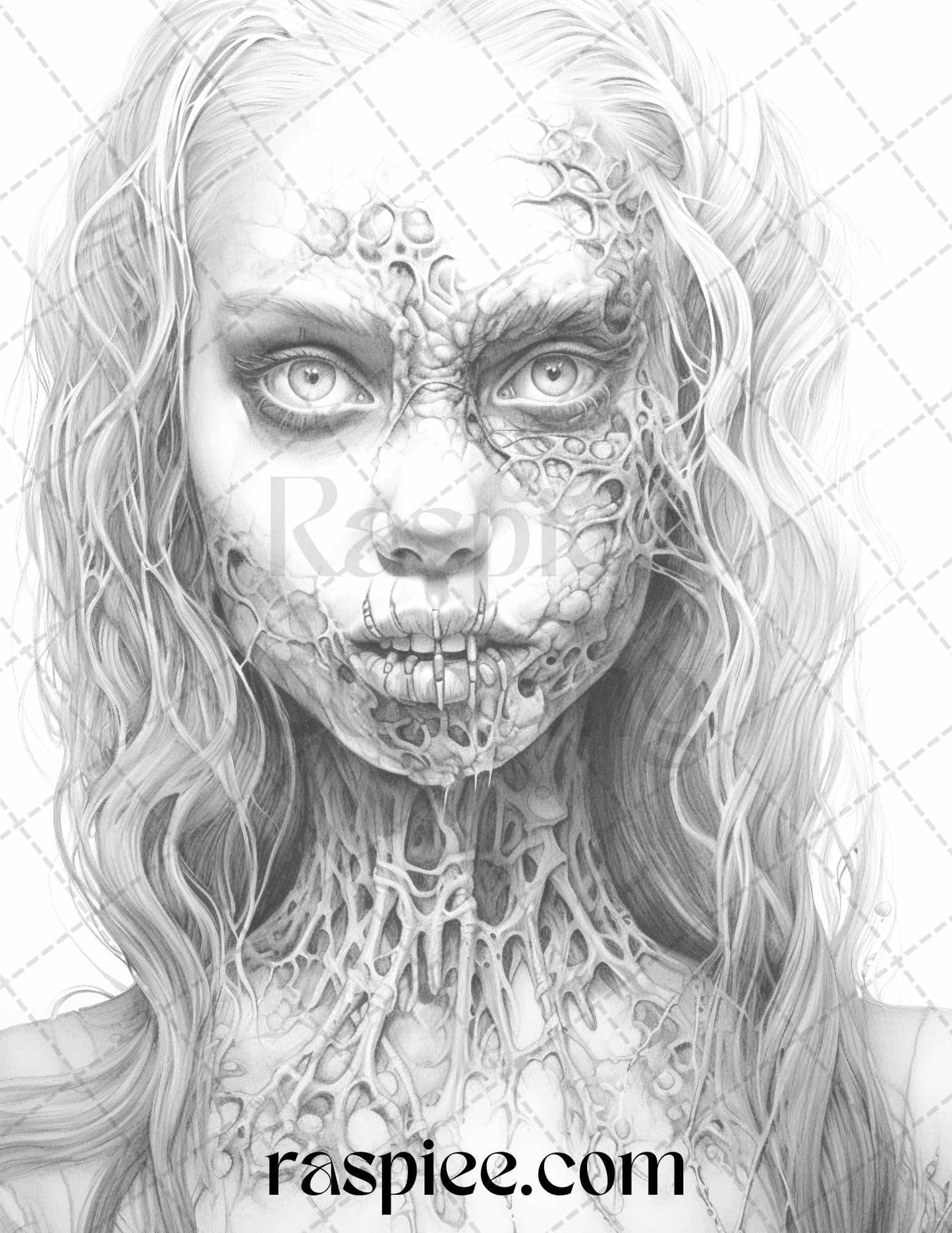 40 Scary Zombie Girls Grayscale Coloring Pages Printable for Adults, PDF File Instant Download