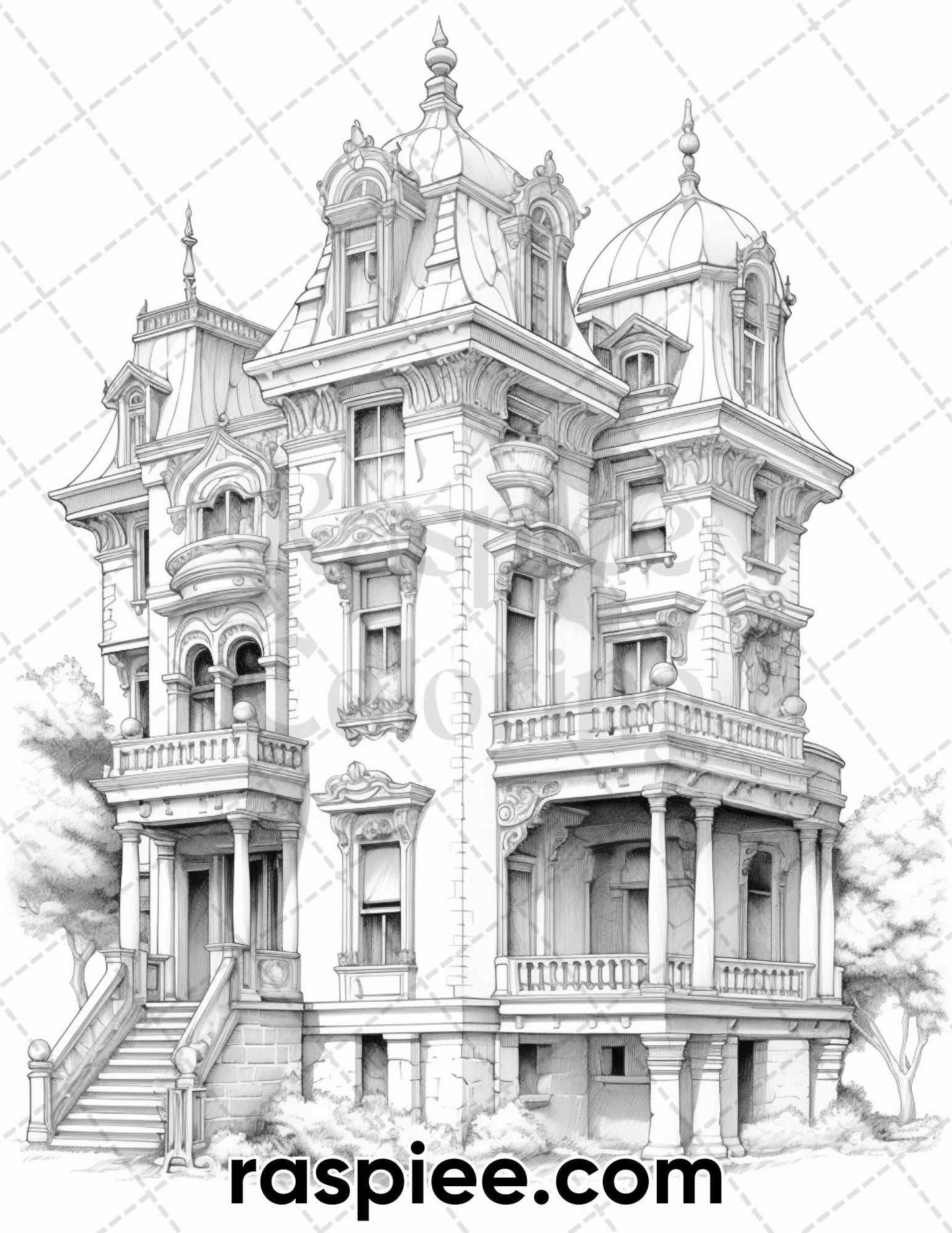 40 Victorian Mansions Grayscale Coloring Pages for Adults, Printable PDF Instant Download