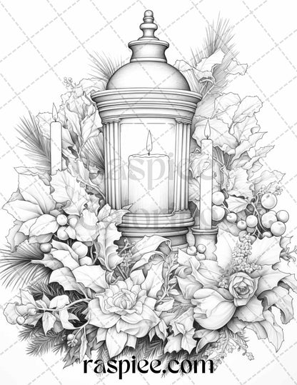 45 Christmas Flowers Grayscale Coloring Pages Printable for Adults, PDF File Instant Download