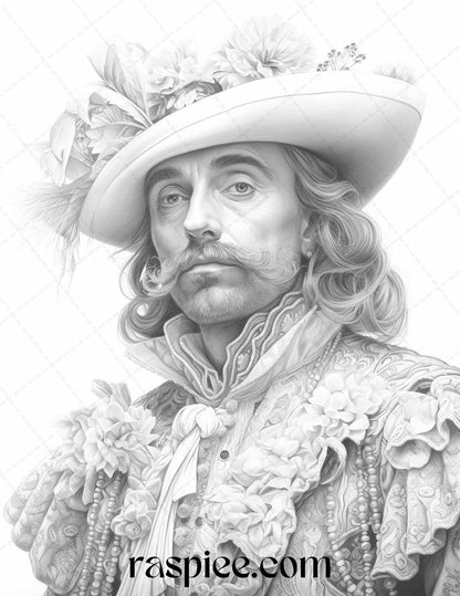 50 Baroque Man Portrait Grayscale Graysale Coloring Pages Printable for Adults, PDF File Instant Download