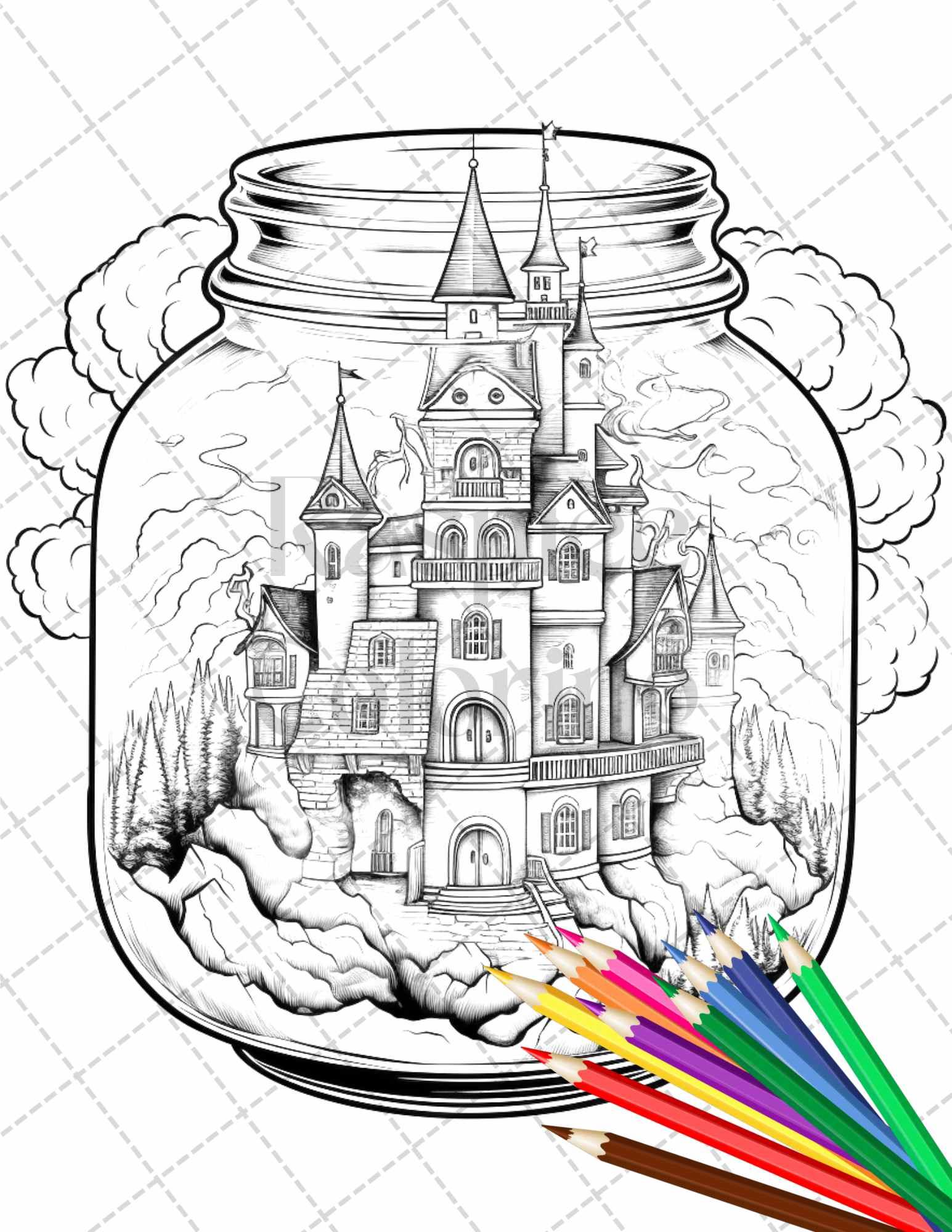 42 Fantasy Castle In Jar Grayscale Coloring Pages Printable for Adults, PDF File Instant Download