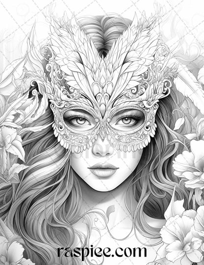 40 Masquerade Girls Grayscale Coloring Pages Printable for Adults, PDF File Instant Download