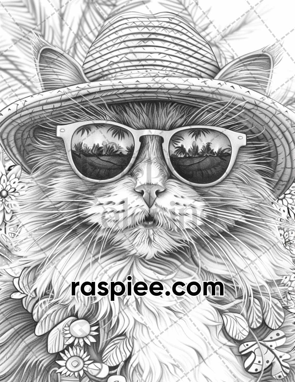 100 Summer Cats Grayscale Adult Coloring Pages, Printable PDF Instant Download