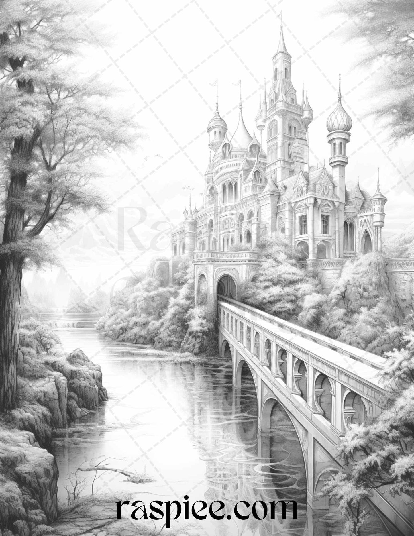 40 Fantasy Landscapes Grayscale Coloring Pages Printable for Adults, PDF File Instant Download