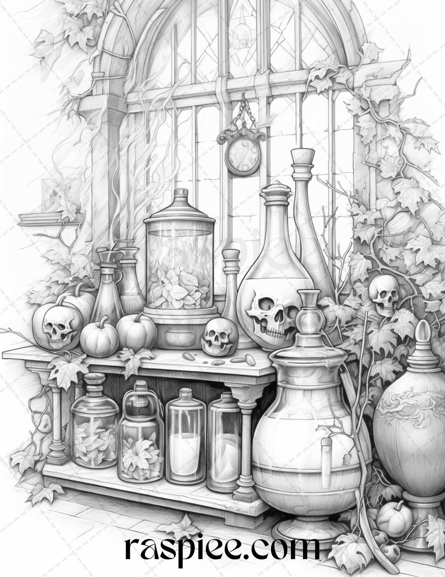 Ghoulish Halloween Grayscale Coloring Pages Printable for Adults, PDF File Instant Download