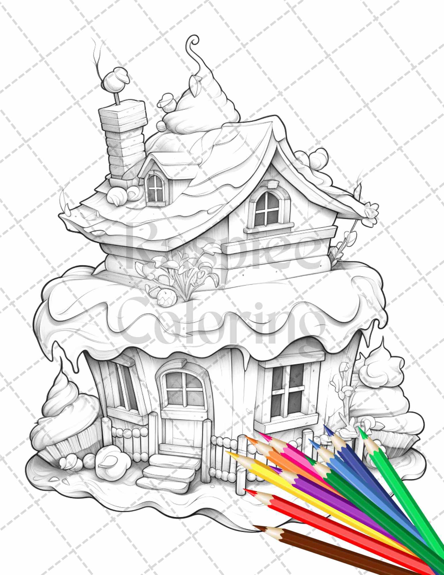 50 Adorable Cake Houses Grayscale Coloring Pages Printable for Adults and Kids, PDF File Instant Download