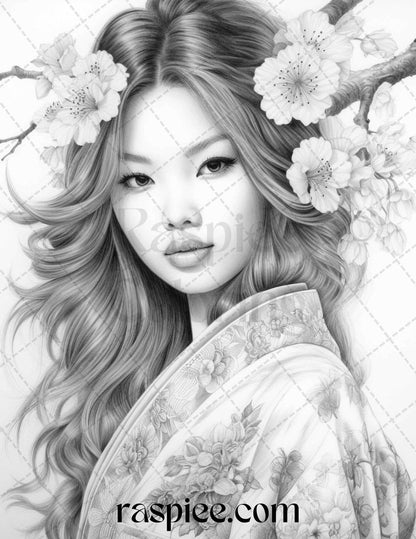 40 Beautiful Japanese Girls Grayscale Coloring Pages Printable for Adults, PDF File Instant Download