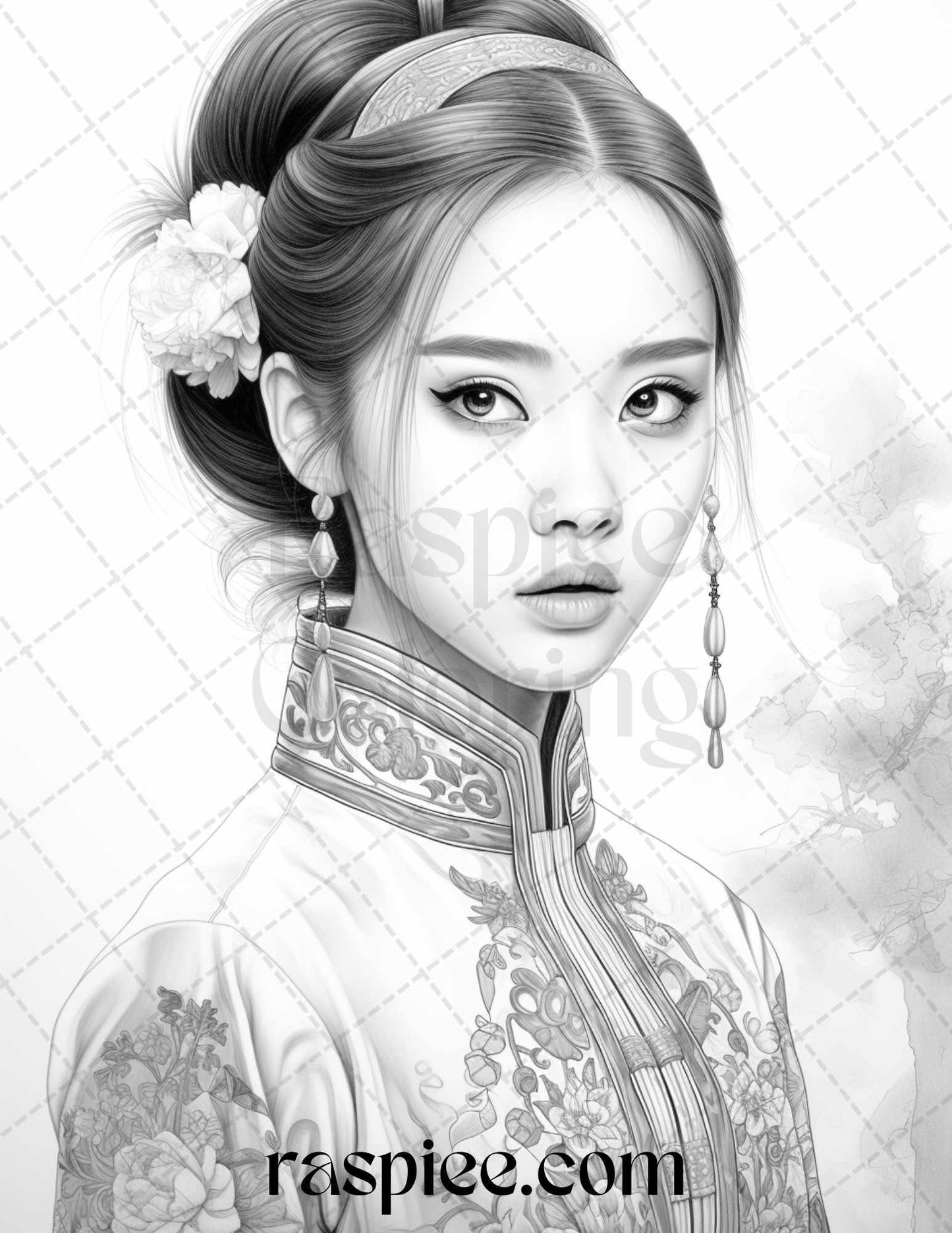 40 Beautiful Chinese Girls Grayscale Coloring Pages for Adults, Printable PDF File Instant Download