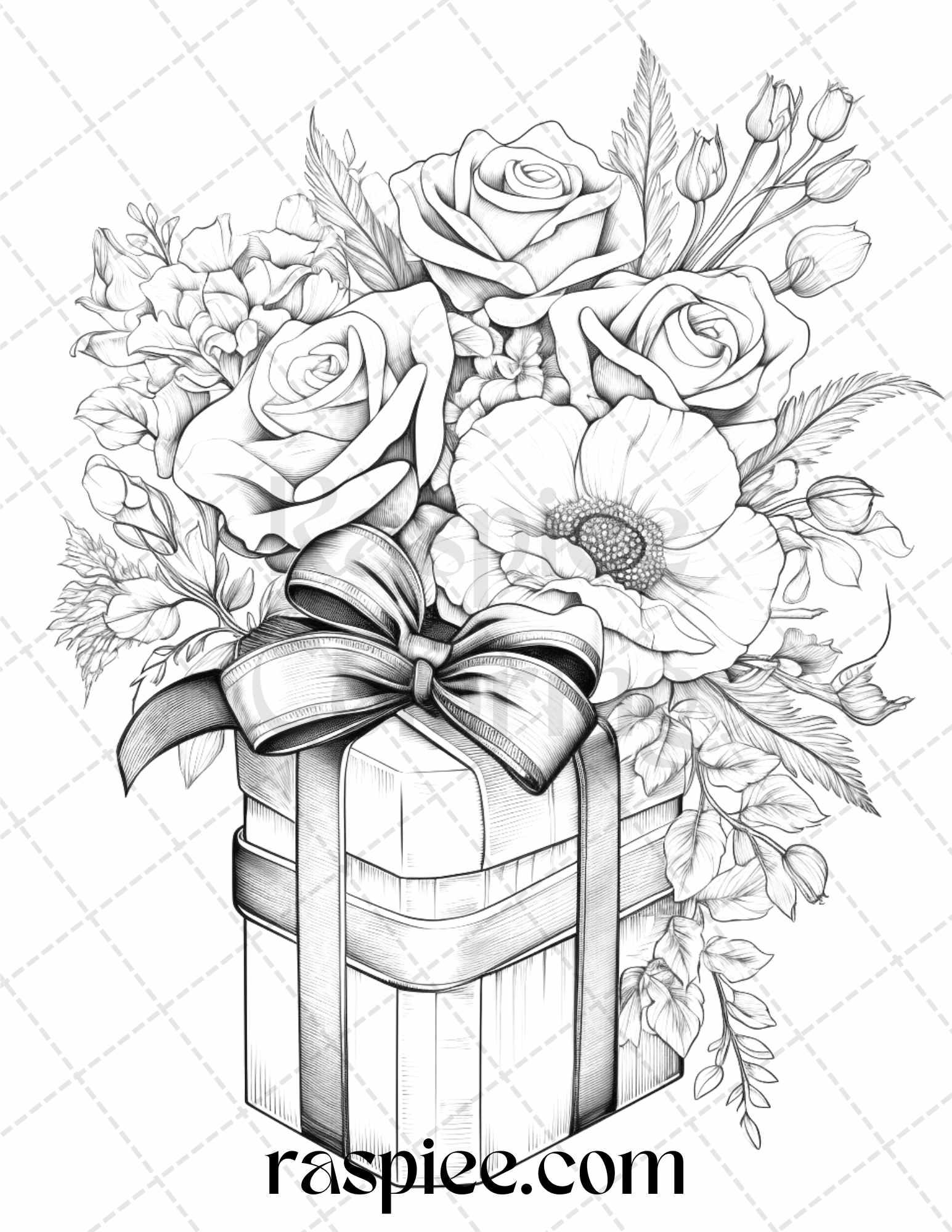 40 Flower Gift Box Grayscale Coloring Pages Printable for Adults Kids, PDF File Instant Download