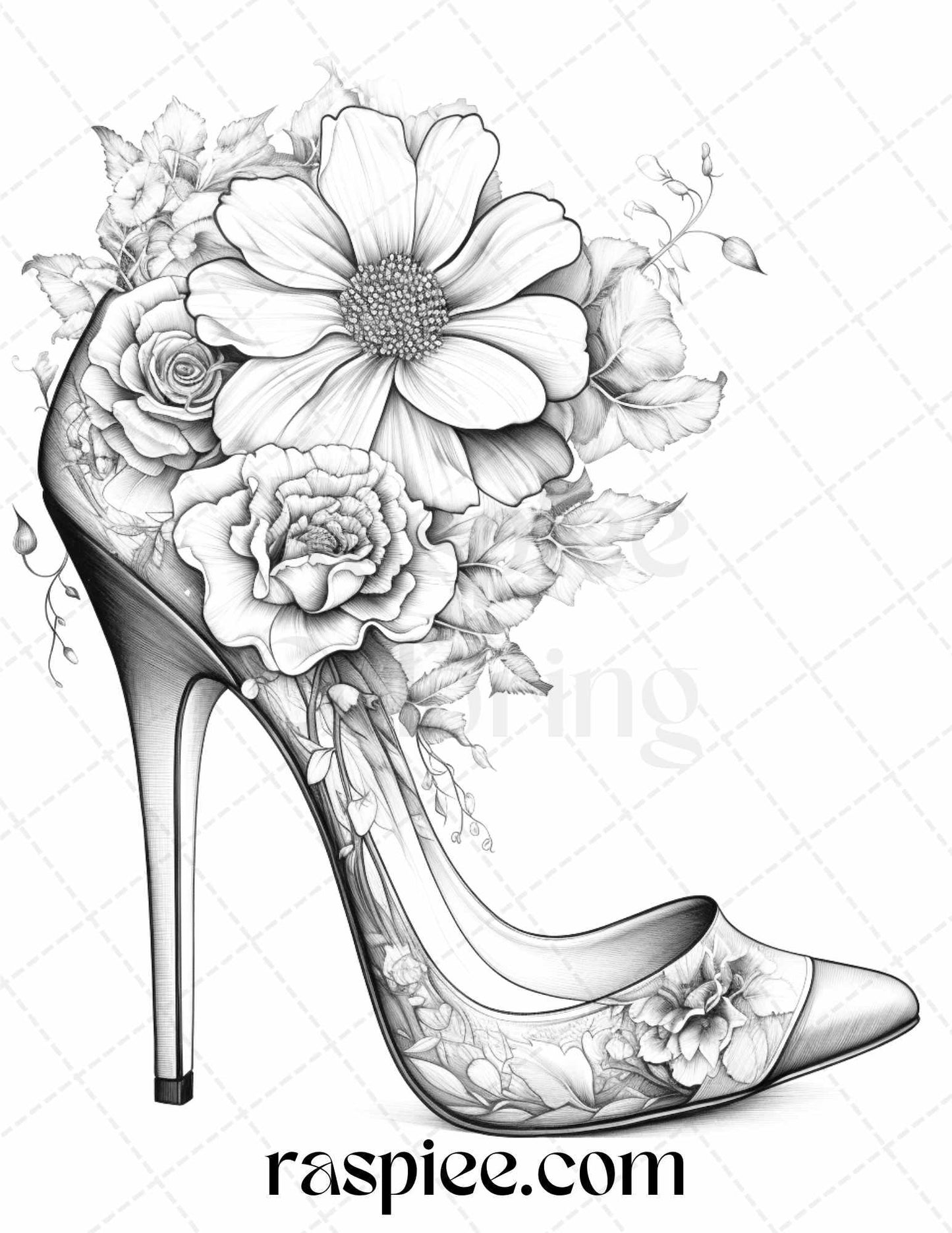 40 Flower Wedding Shoes Grayscale Coloring Pages Printable for Adults, PDF File Instant Download