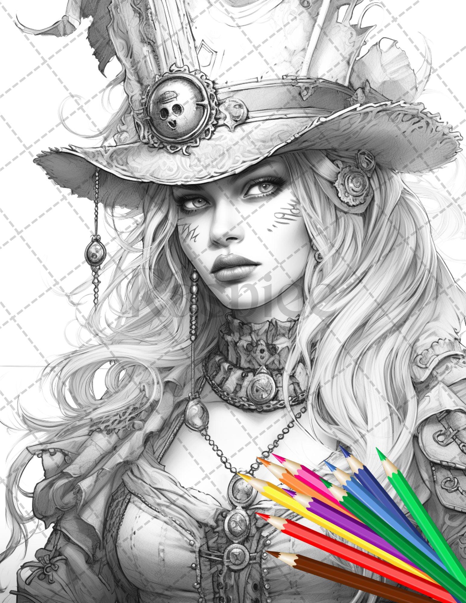 48 Beautiful Pirate Princess Coloring Book Printable for Adults, Grayscale Coloring Page, PDF File Instant Download