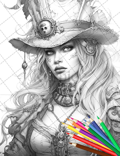 48 Beautiful Pirate Princess Coloring Book Printable for Adults, Grayscale Coloring Page, PDF File Instant Download