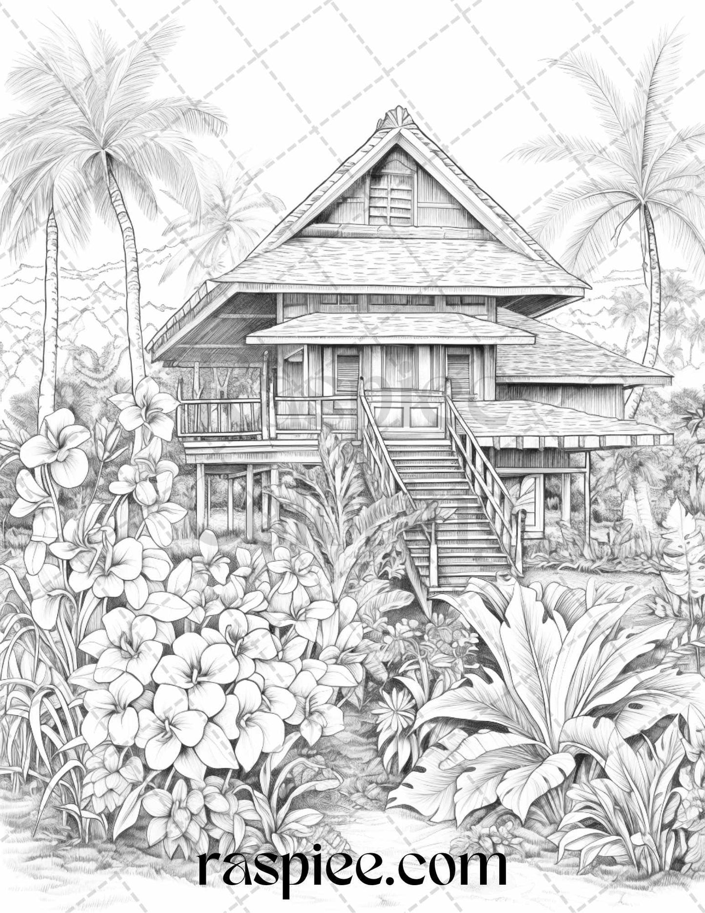 40 Hawaii Tiki Houses Grayscale Coloring Pages Printable for Adults, PDF File Instant Download