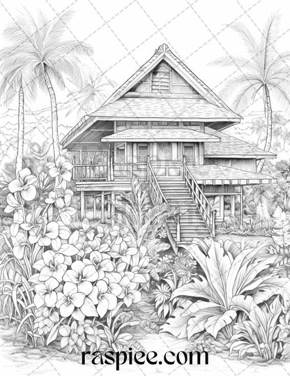 40 Hawaii Tiki Houses Grayscale Coloring Pages Printable for Adults, PDF File Instant Download