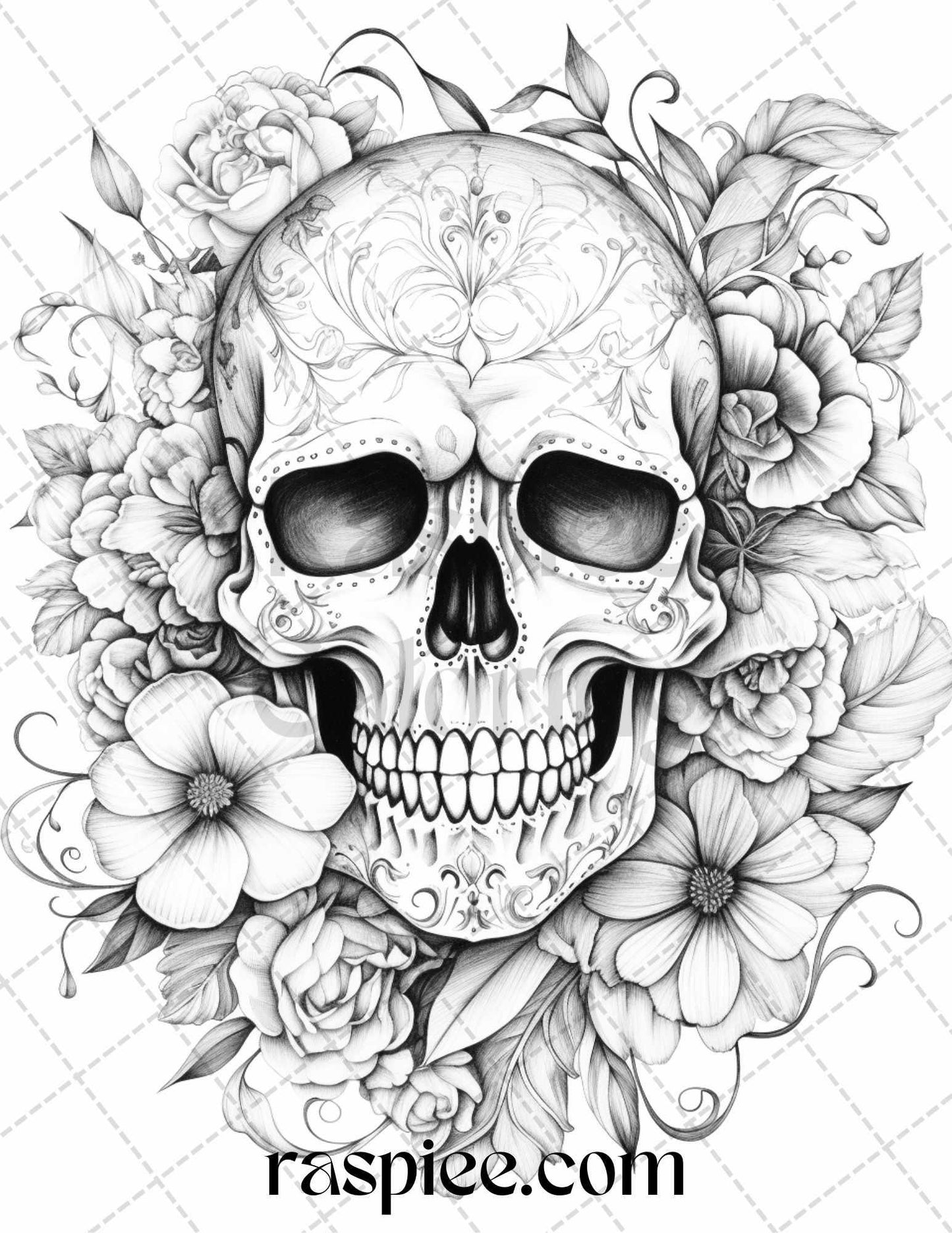 42 Floral Skull Grayscale Coloring Pages for Adults, Stress Relief Coloring Sheets, Printable PDF File Instant Download