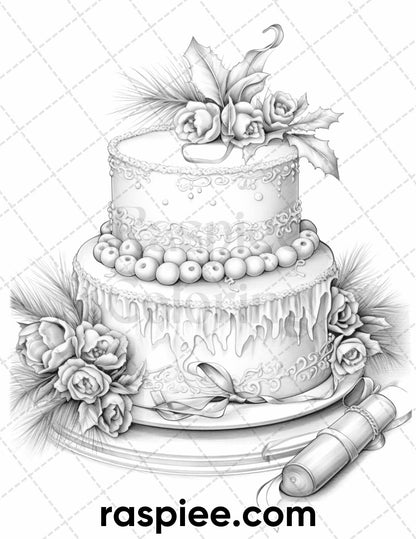 45 Christmas Cakes Grayscale Coloring Pages for Adults, Printable PDF File Instant Download