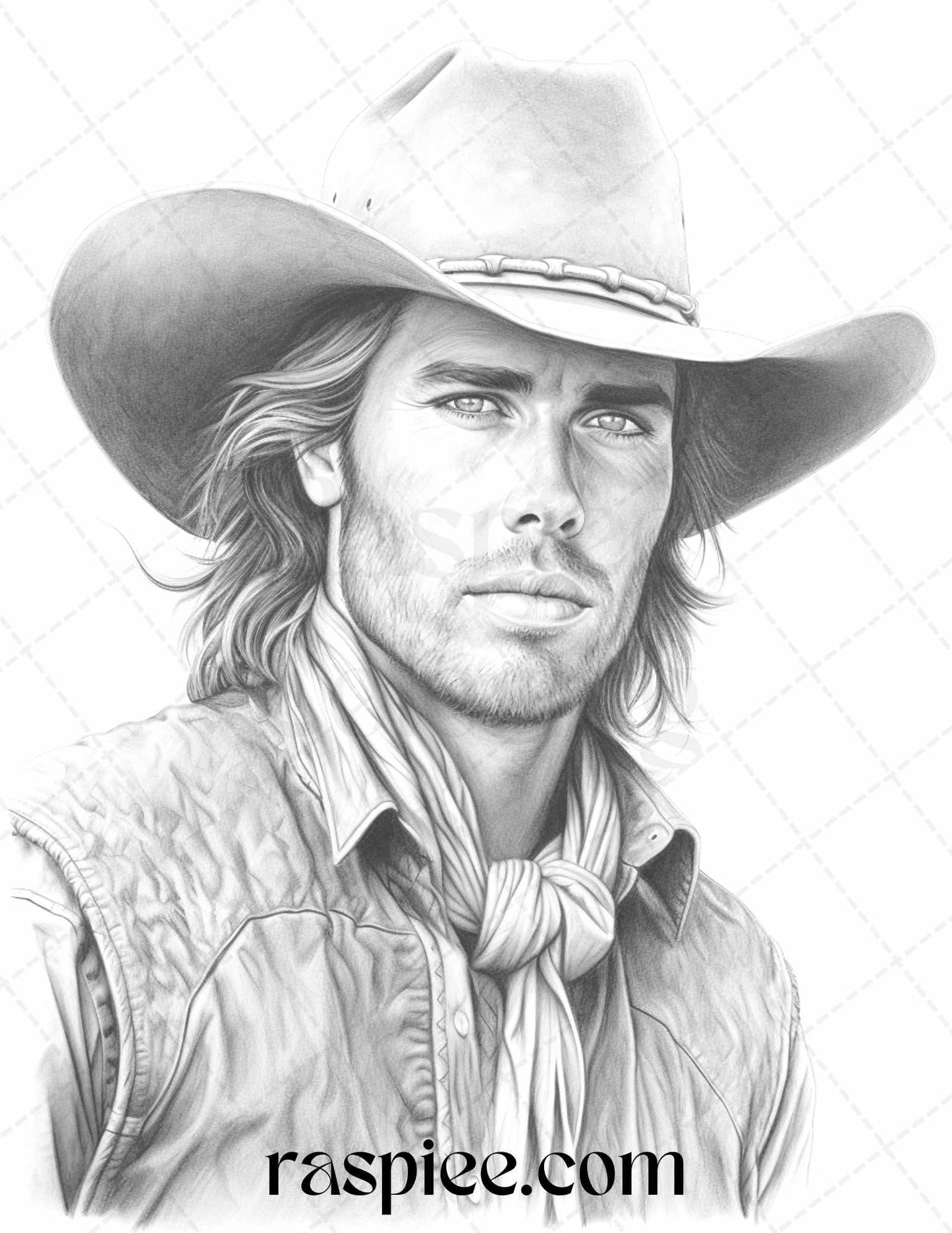 45 Wild West Cowboys Grayscale Coloring Pages Printable for Adults, PDF File Instant Download