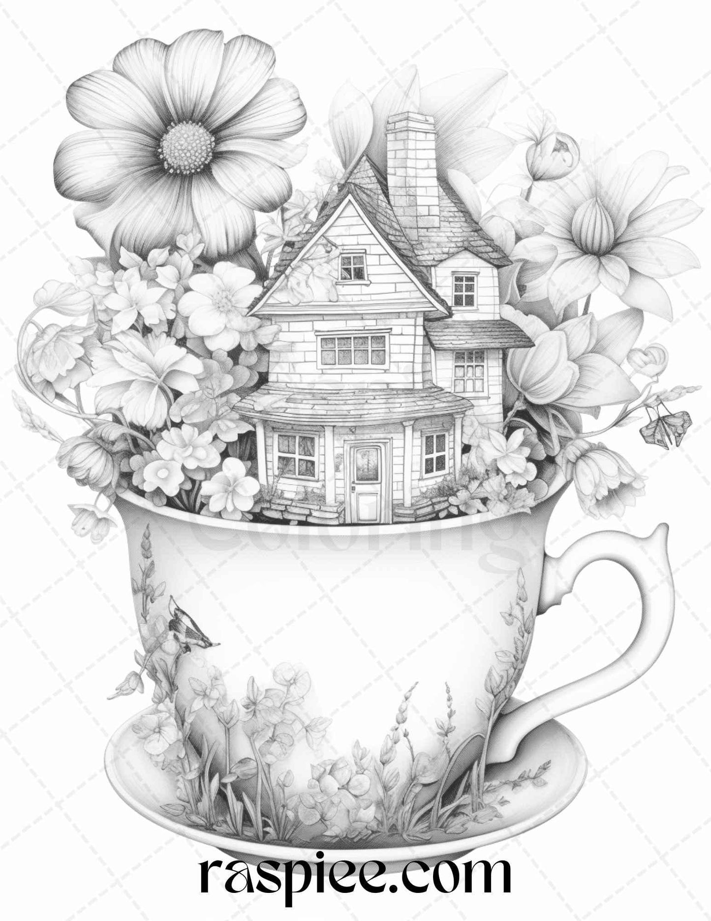 40 Flower Teacup Fairy Houses Grayscale Coloring Pages Printable for Adults, PDF File Instant Download