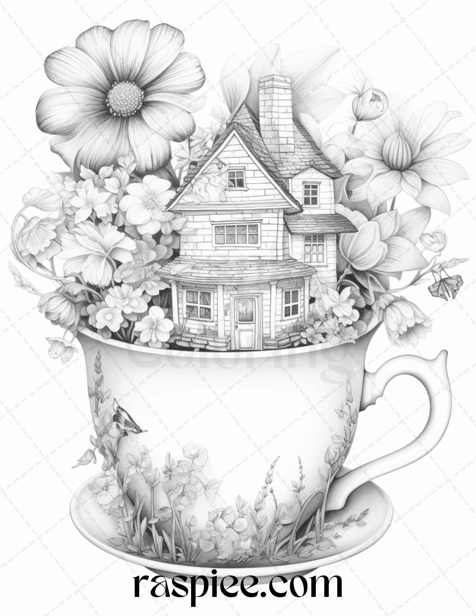 40 Flower Teacup Fairy Houses Grayscale Coloring Pages Printable for Adults, PDF File Instant Download