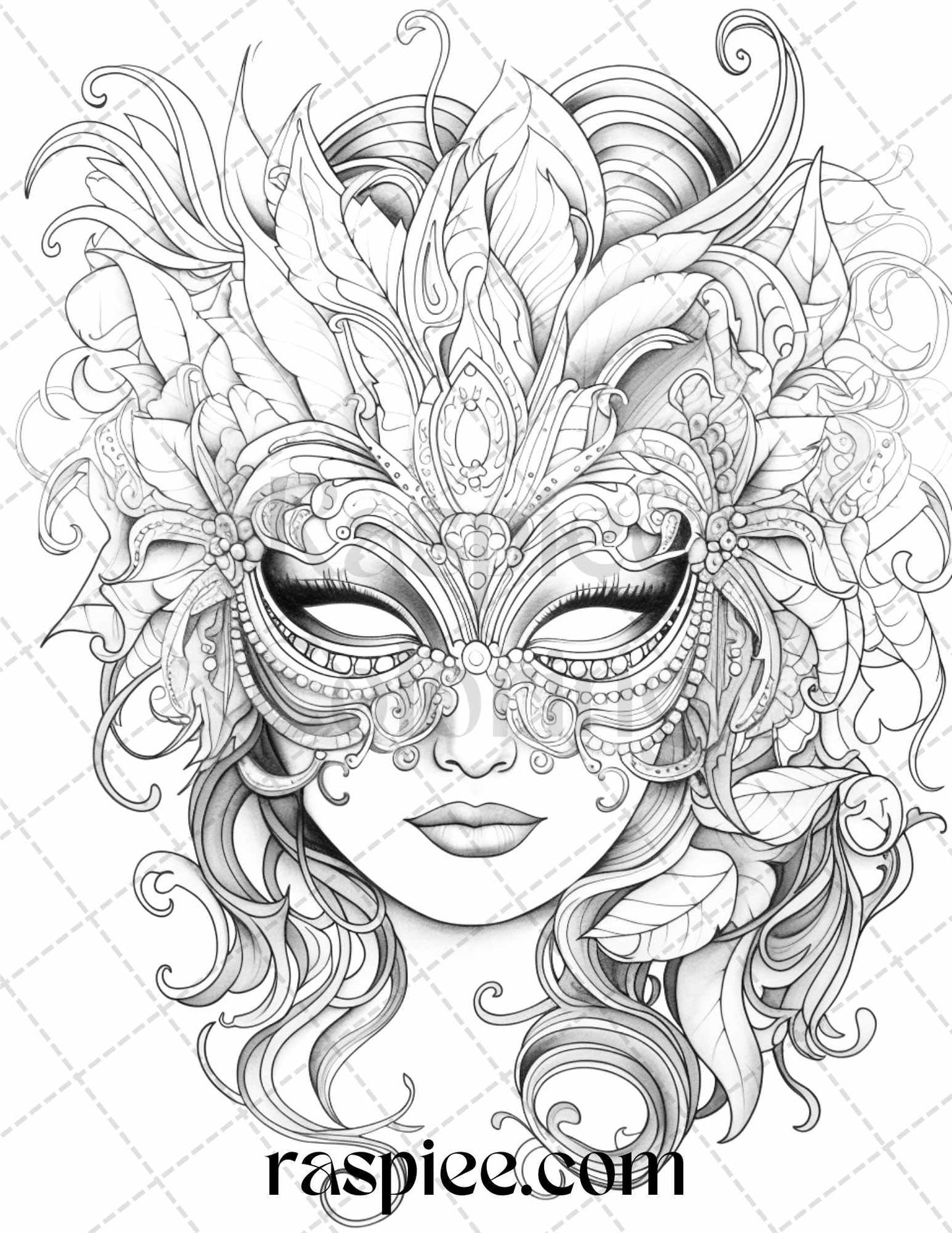 40 Masquerade Masks Grayscale Coloring Pages Printable for Adults, PDF File Instant Download