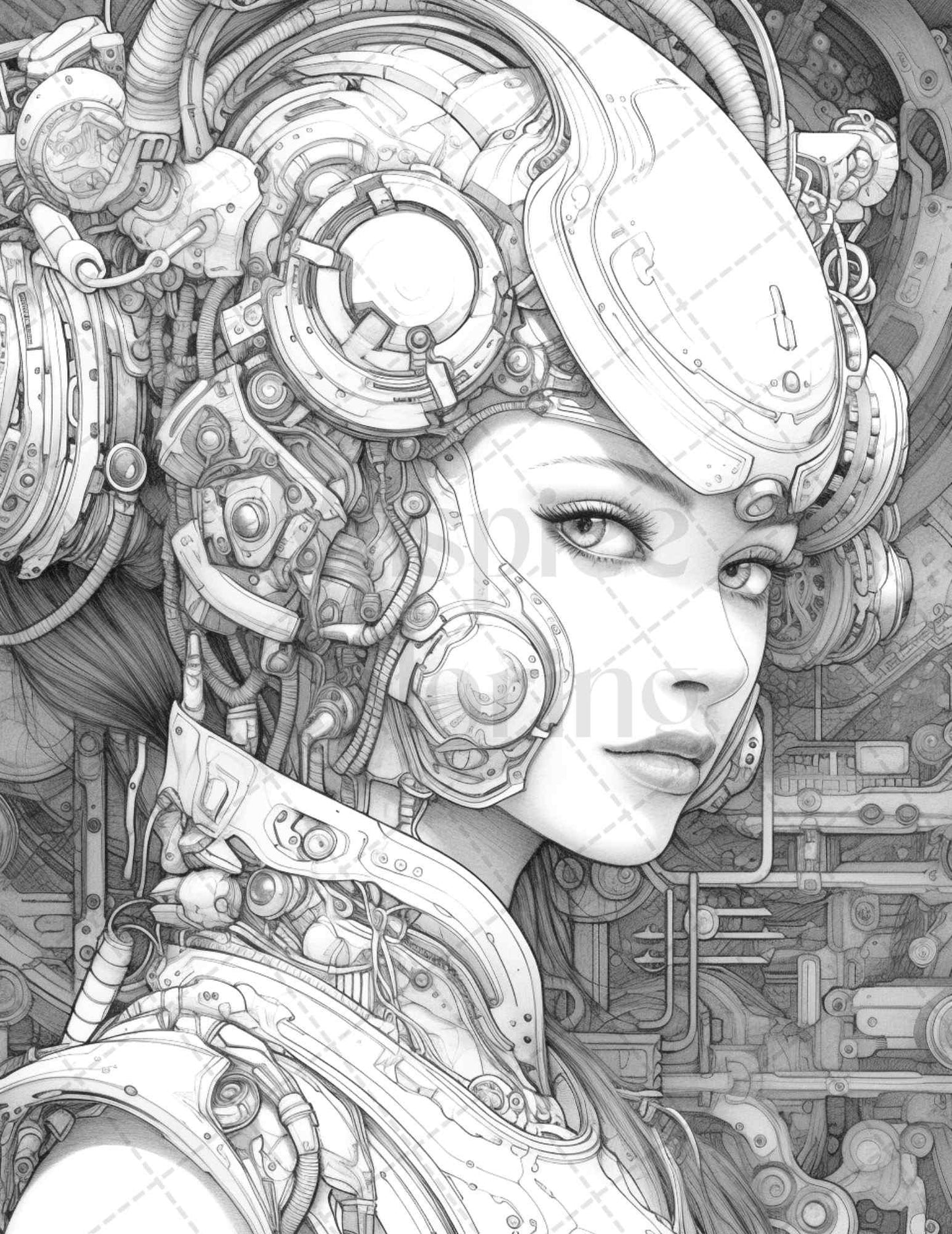 40 Beautiful Cyborg Girls Grayscale Coloring Pages Printable for Adults, PDF File Instant Download