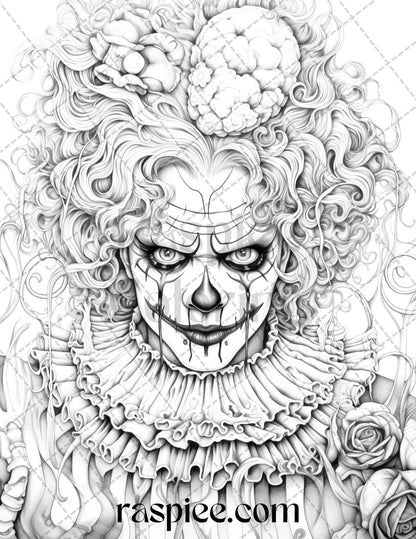 40 Spooky Clowns Grayscale Coloring Pages Printable for Adults, PDF File Instant Download