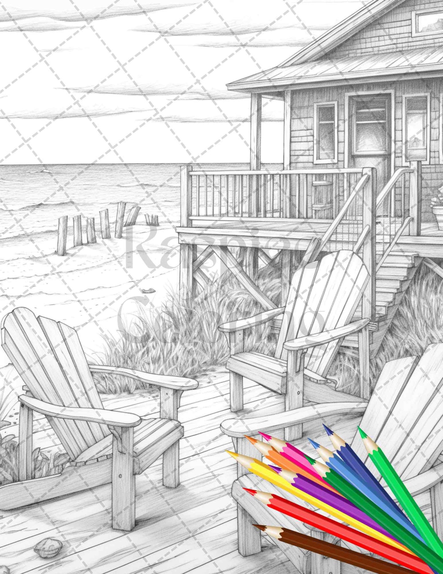 42 Wooden Beach Houses Grayscale Coloring Pages Printable for Adults, PDF File Instant Download