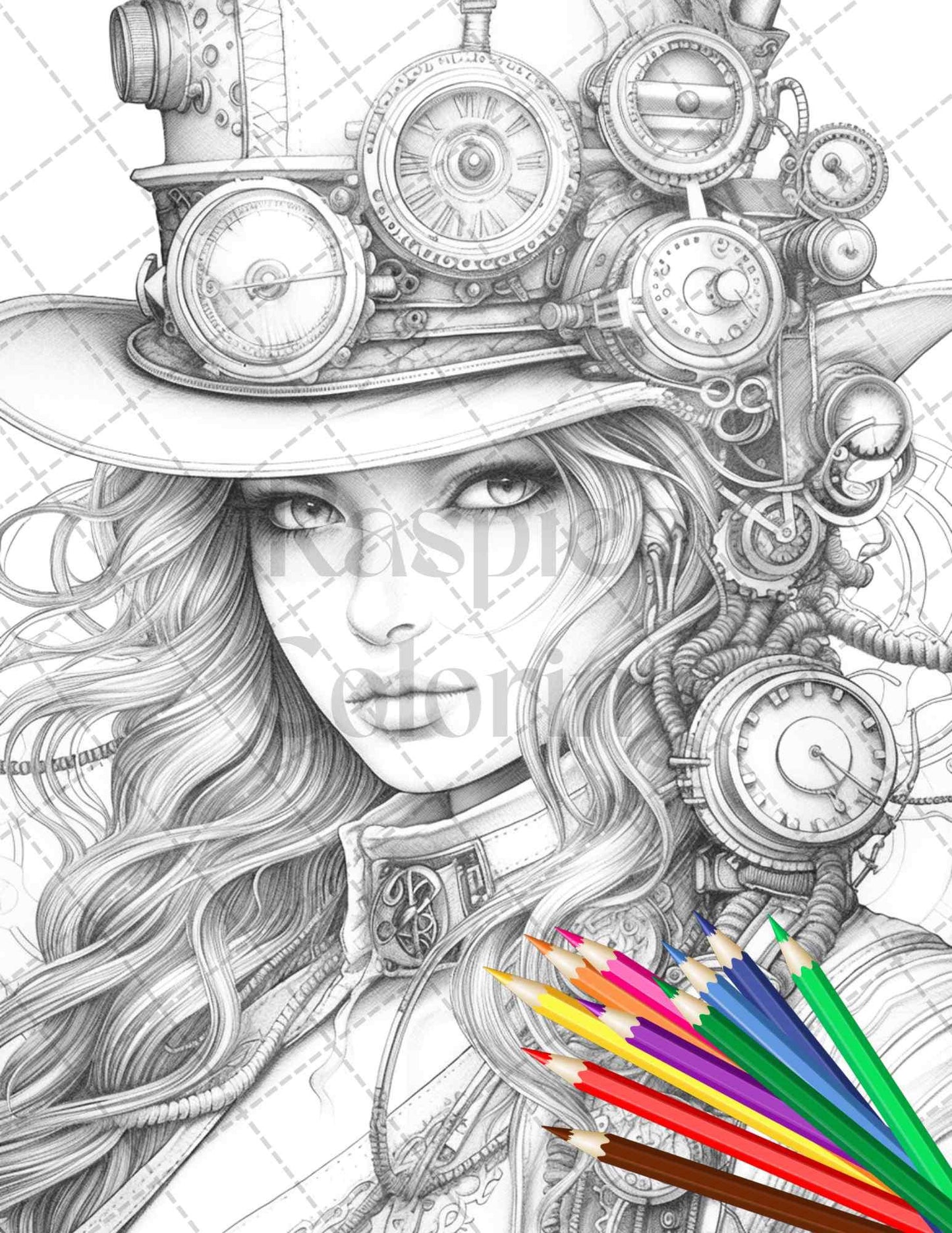 40 Steampunk Ladies Grayscale Coloring Pages Printable for Adults, PDF File Instant Download