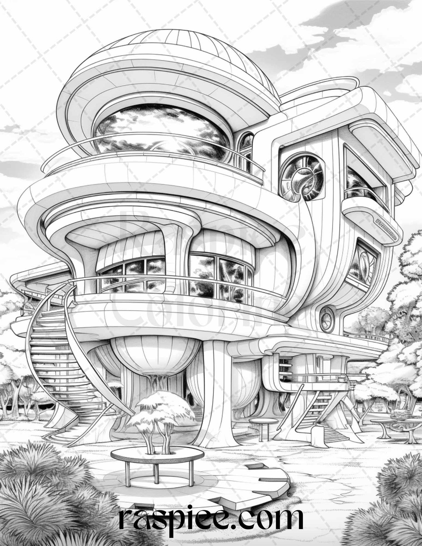 43 Futuristic Houses Grayscale Coloring Pages Printable for Adults, PDF File Instant Download