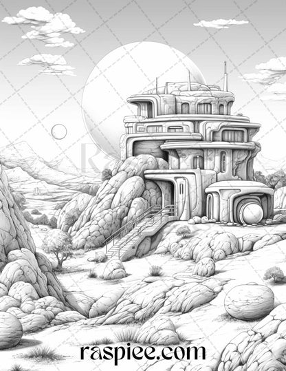 40 Alien Houses Grayscale Coloring Pages for Adults, Printable PDF File Instant Download