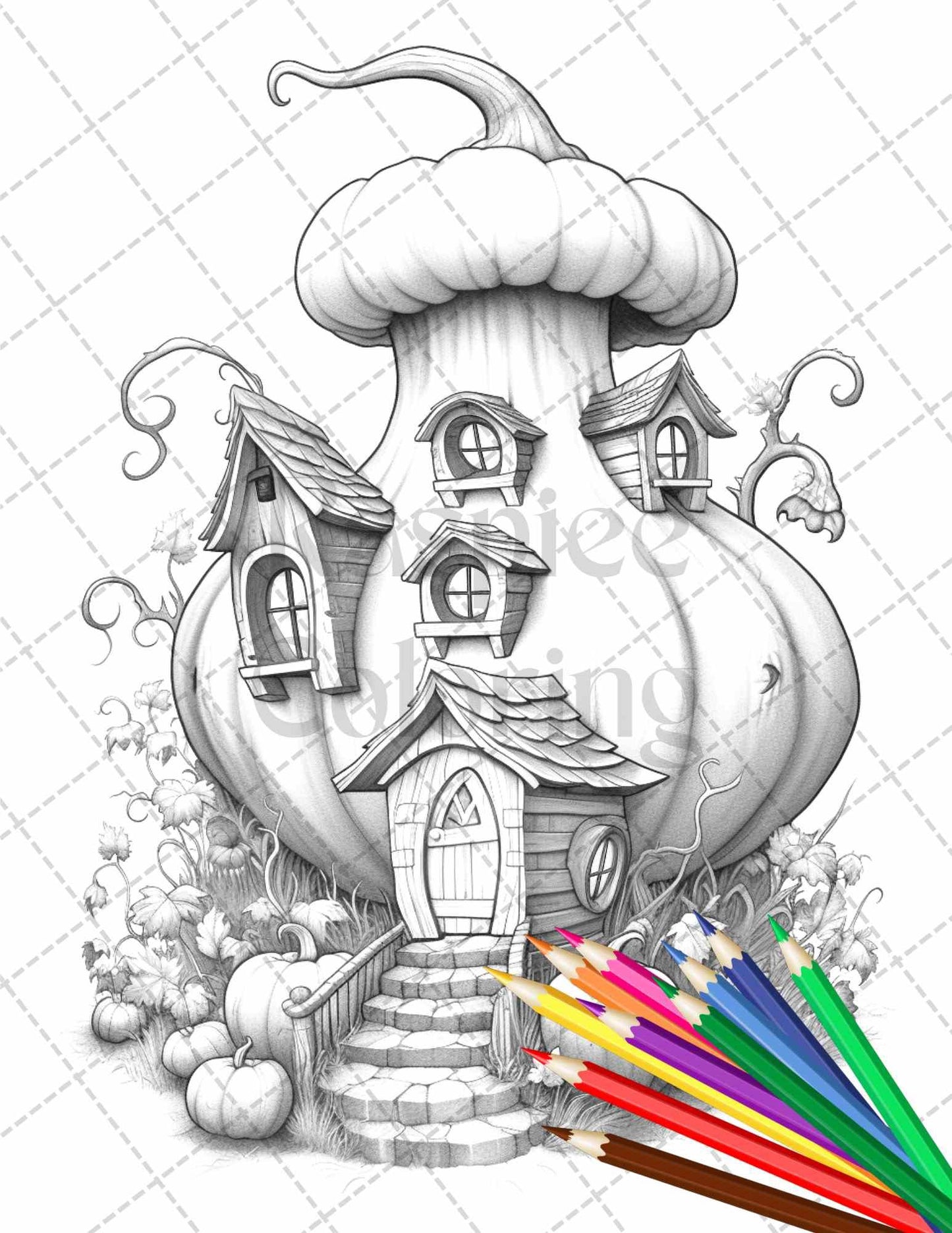 40 Pumpkin Fairy Houses Grayscale Coloring Pages Printable for Adults, PDF File Instant Download