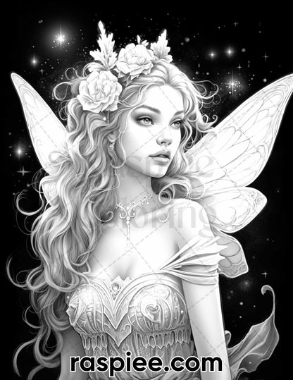 50 Starlight Fairy Grayscale Coloring Pages for Adults, Printable PDF File Instant Download