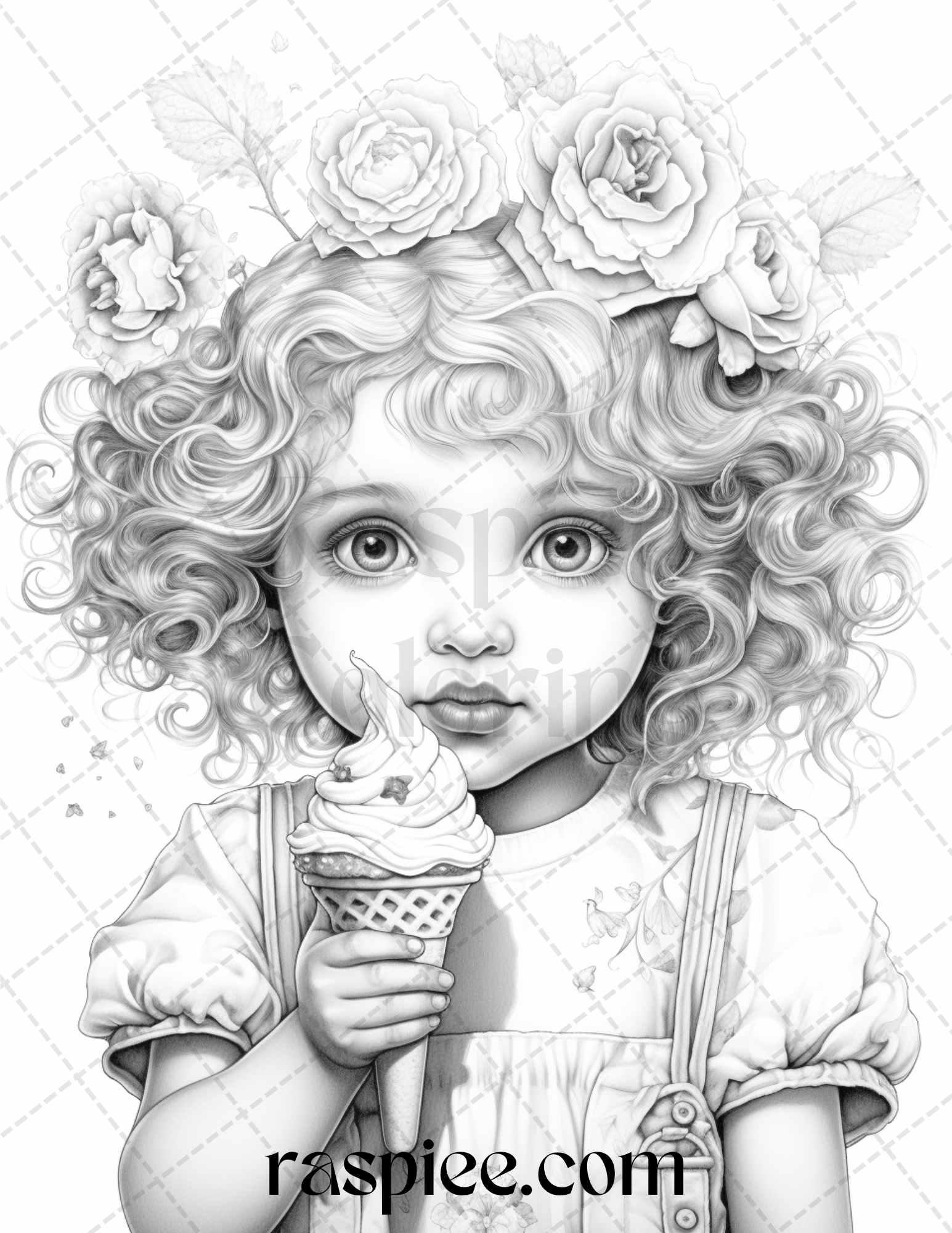 42 Adorable Girls with Ice Cream Grayscale Coloring Pages Printable for Adults Kids, PDF File Instant Download