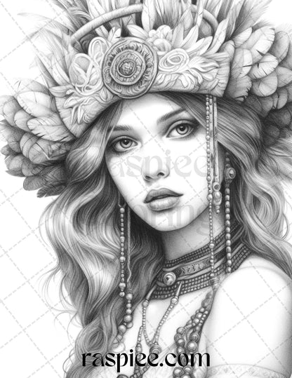 40 Beautiful Gatsby Girls Grayscale Coloring Pages Printable for Adults, PDF File Instant Download