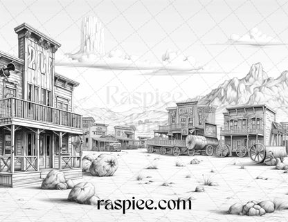 40 Wild West Towns Grayscale Coloring Pages Printable for Adults, PDF File Instant Download