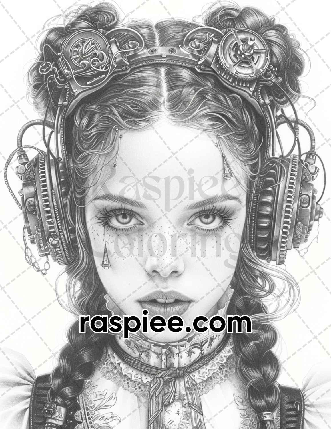 65 Gothic Steampunk Girls Grayscale Adult Coloring Pages, Printable PDF Instant Download