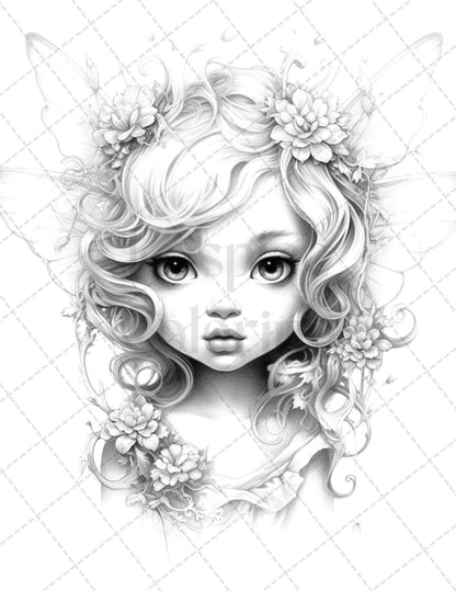 45 Adorable Chibi Fairy Grayscale Coloring Pages Printable for Adults, PDF File Instant Download